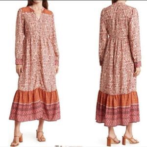 Mila Mae Border Print Boho Midi Dress Long Sleeve Floral Size S New With Tags